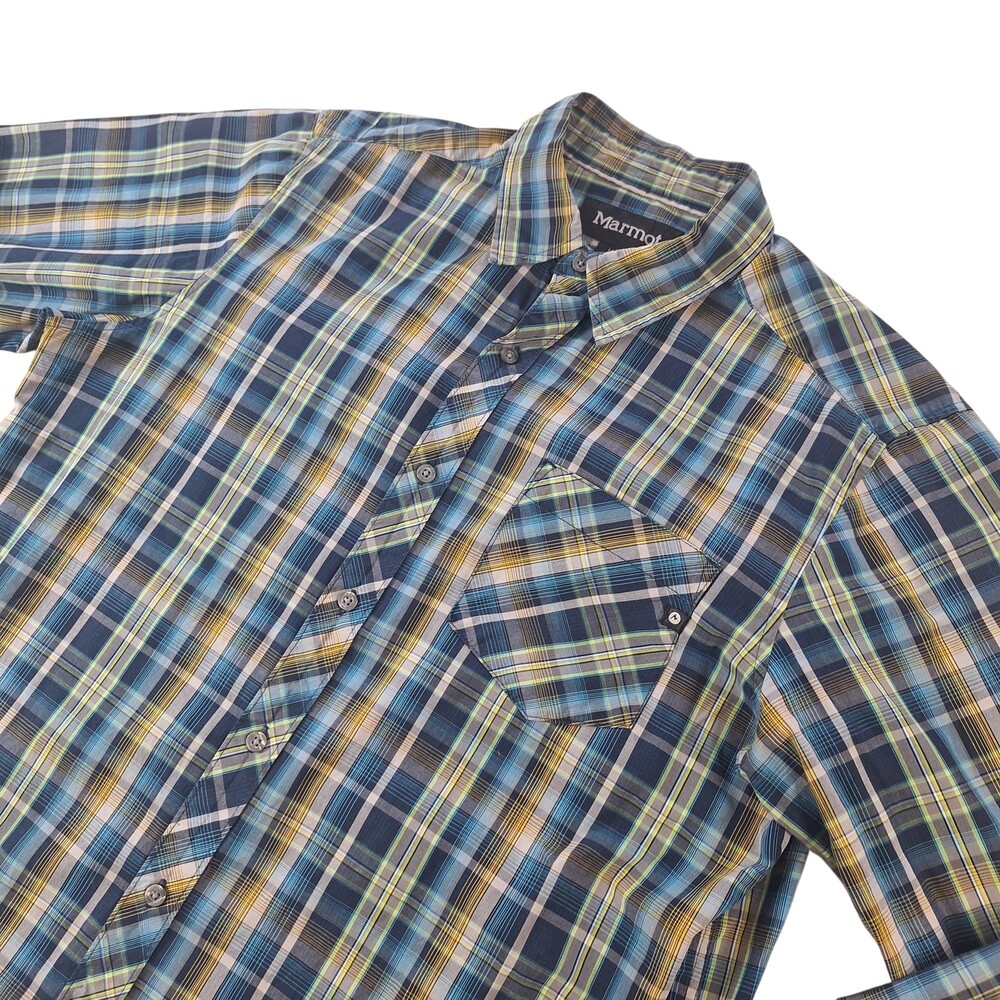 Marmot Shirt Mens Medium Blue Plaid Organic Cotton Long Sleeve Button Up Casual